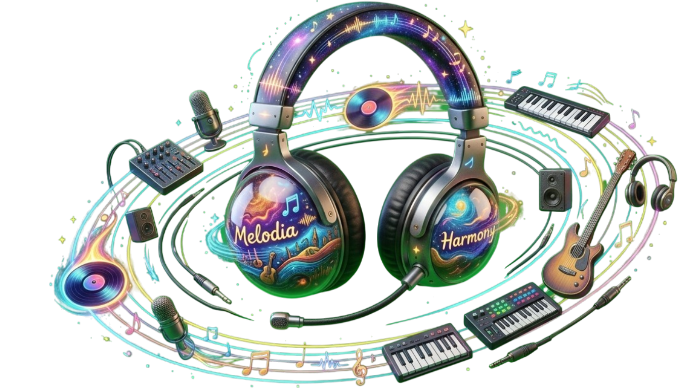 imagem ilustrativa de um fone headset 3d com varios eleementos e simbolos musicais orbitando à volta dele